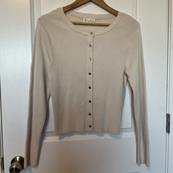 NWT Marbel Ribbed Knit Sweater Top Women’s Size L Cream Tan Gold Classic Preppy - Picture 3 of 9